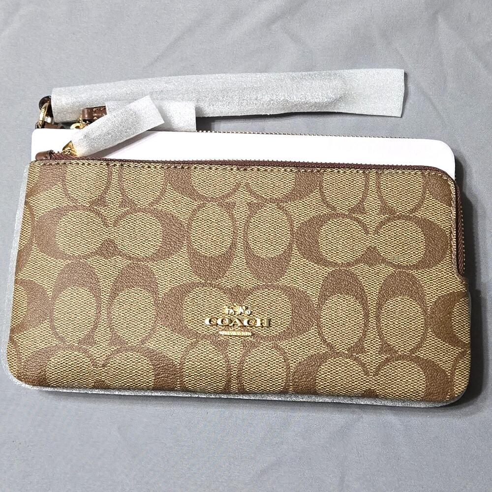 Coach Double Zip Wallet Wristlet in Signature Canvas Gold/Tan/Brown